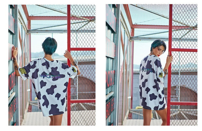 2021 Summer Women Long Loose Cartoon Cow Print T-Shirt - myfunfarm