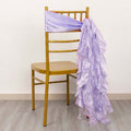 Lavender ruffled chair sash draped on a gold chair.