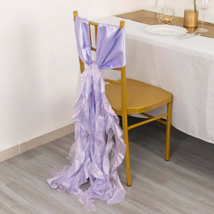 Lavender chair sash draped elegantly over a gold chair at a dining table.
