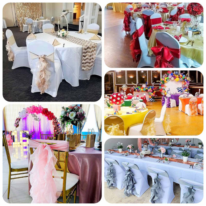Colorful event table settings with decorated chairs and floral arrangements.