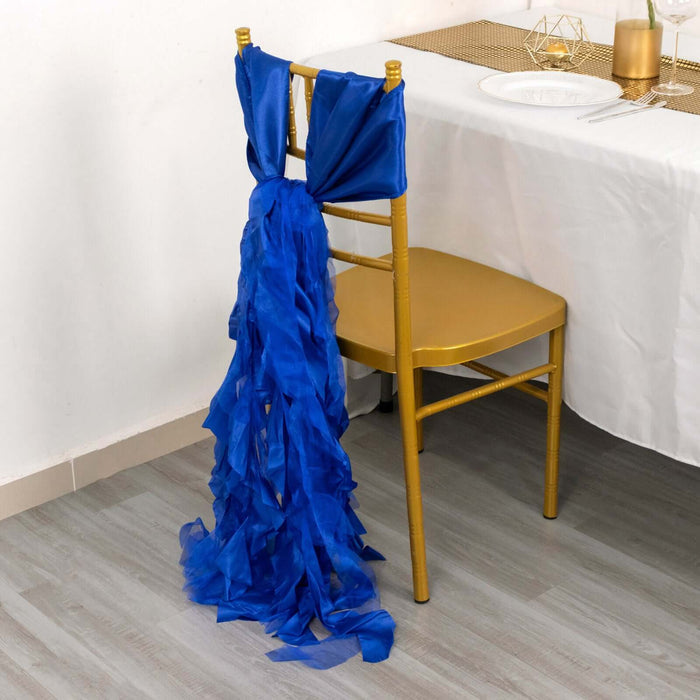 Blue chair sash draping elegantly over a gold chair at a dining setup.