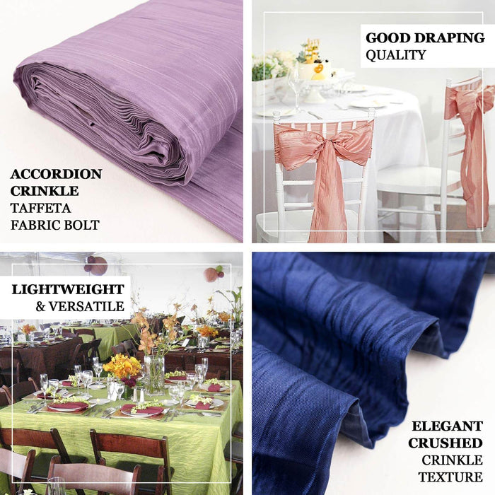 Accordion crinkle taffeta fabric bolt in purple, showcasing texture and draping quality.