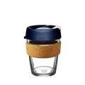 KeepCup Brew Cork in Spruce, medium 12oz size, featuring a clear glass cup with natural cork band and deep navy blue lid with sipper closure, shown against a white background.