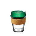 KeepCup Brew Cork Ace in size M 12oz, featuring a clear tempered glass cup with a natural cork band and green plastic lid with sip hole closure, shown against a white background.