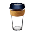 KeepCup Brew Cork in Ace, 16oz size, featuring a clear glass cup with a natural cork band and navy blue lid with a white sip-through plug, shown on a plain white background.