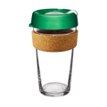 KeepCup Brew Cork Ace L 16oz in Slam, featuring a clear glass cup with cork band and green lid with white plug, shown against a plain white background.