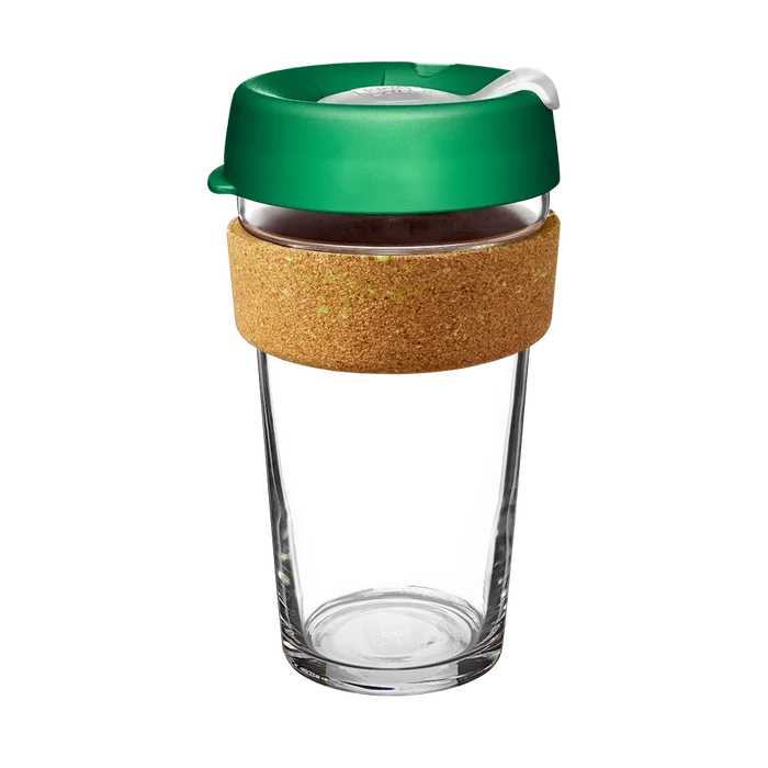 KeepCup Brew Cork Ace L 16oz in Slam, featuring a clear glass cup with cork band and green lid with white plug, shown against a plain white background.