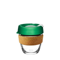 KeepCup Brew Cork in Ace, small 8oz size, featuring a clear tempered glass cup with natural cork band and green lid with sipper, shown against a plain white background.