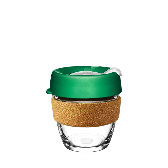 KeepCup Brew Cork in Ace, small 8oz size, featuring a clear tempered glass cup with natural cork band and green lid with sipper, shown against a plain white background.