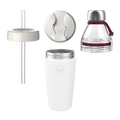 Exploded view of the KeepCup All Day Everyday in Bone Burgundy, showing all components separately: white reusable cup with stainless steel rim, cream-coloured straw lid with plastic straw, solid sipper lid, and clear tritan water bottle top with burgundy silicone strap and stainless steel cap.