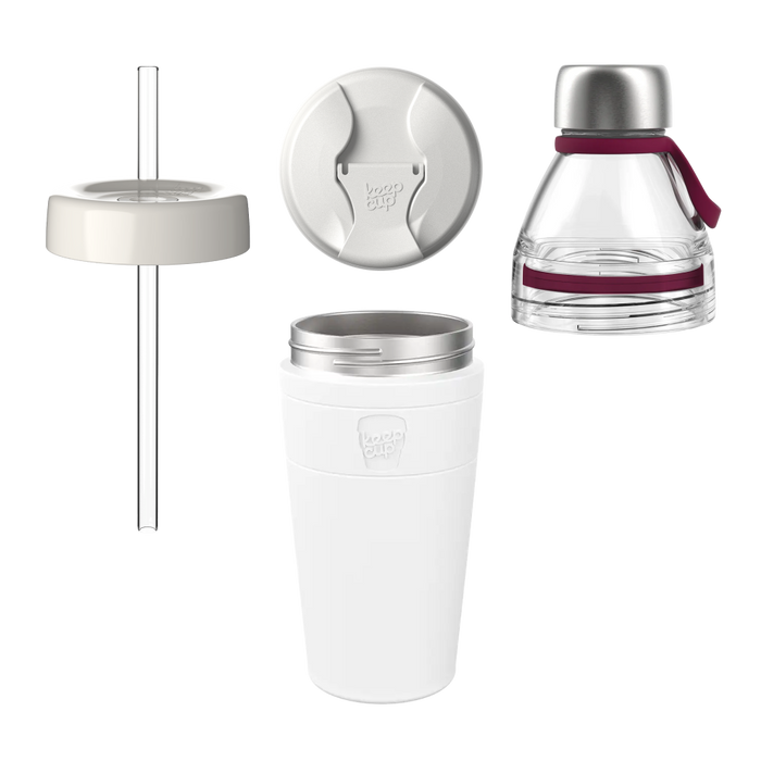 Exploded view of the KeepCup All Day Everyday in Bone Burgundy, showing all components separately: white reusable cup with stainless steel rim, cream-coloured straw lid with plastic straw, solid sipper lid, and clear tritan water bottle top with burgundy silicone strap and stainless steel cap.