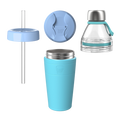 Exploded view of the KeepCup All Day Everyday in Cloud Orchid, showing four components: a light blue straw lid with plastic straw, a blue sipper lid, a turquoise insulated cup with stainless steel rim, and a clear glass bottle top with stainless steel cap and teal silicone carry loop.
