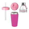 Exploded view of the KeepCup All Day Everyday in Fuchsia, displaying all components: a pink straw lid with clear reusable straw, pink sipper lid with KeepCup branding, clear glass bottle top with stainless steel cap and pink carry loop, and the main fuchsia-coloured insulated cup with stainless steel rim.