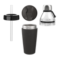 Exploded view of the KeepCup All Day Everyday in Black, showing four components: a dark grey insulated cup with stainless steel rim and KeepCup logo, a matching grey sipper lid, a black straw lid with plastic straw, and a clear glass tea infuser with stainless steel cap.