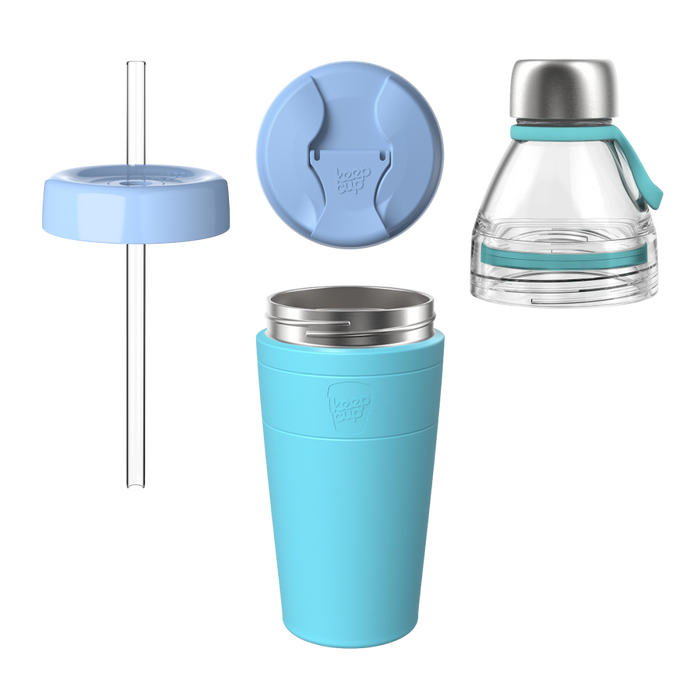 Exploded view of the KeepCup All Day Everyday in Cloud Orchid, showing four components: a light blue straw lid with plastic straw, a blue sipper lid, a turquoise insulated cup with stainless steel rim, and a clear glass bottle top with stainless steel cap and teal silicone carry loop.