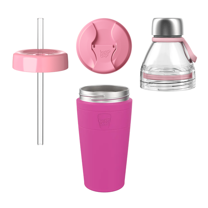 Exploded view of the KeepCup All Day Everyday in Fuchsia, displaying all components: a pink straw lid with clear reusable straw, pink sipper lid with KeepCup branding, clear glass bottle top with stainless steel cap and pink carry loop, and the main fuchsia-coloured insulated cup with stainless steel rim.