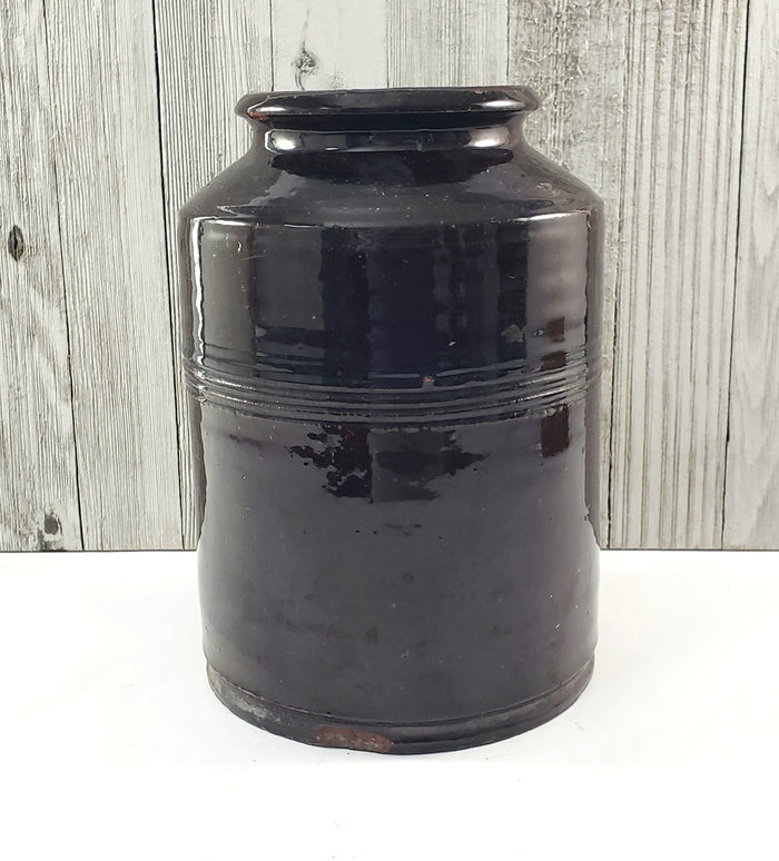 Antique Dark Brown Glazed Redware Jar 8 1/4" 2 Quart