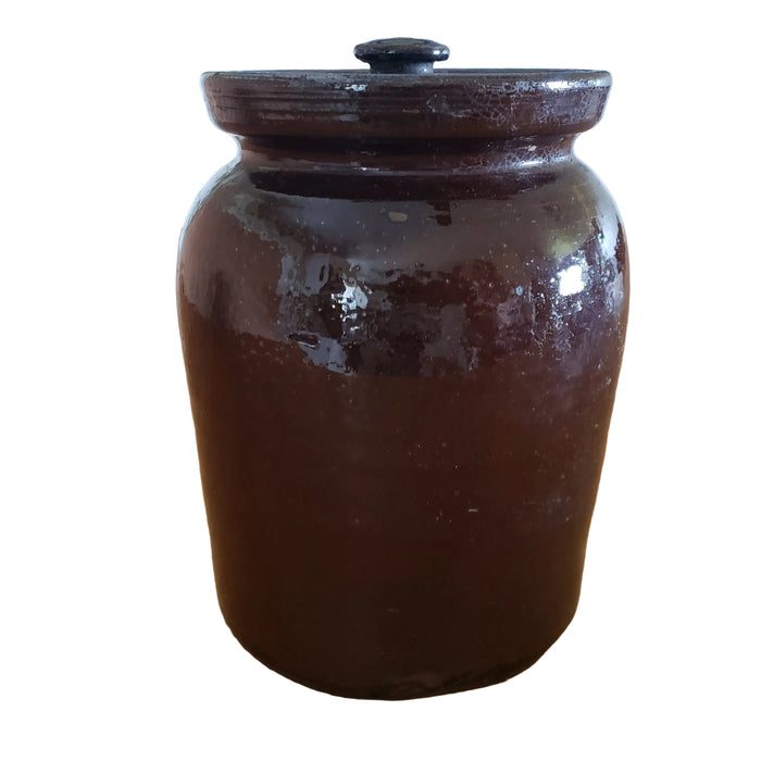 Antique Dark Brown Glazed Redware Storage Jar with Lid 2 Quart Pennsylvania Region