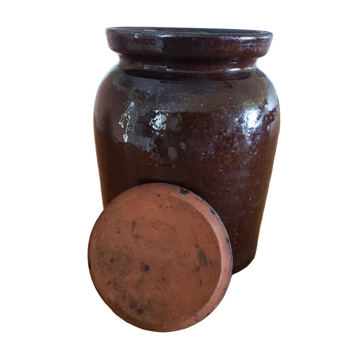 Antique Dark Brown Glazed Redware Storage Jar with Lid 2 Quart Pennsylvania Region