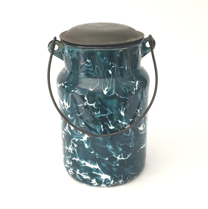 Antique Deep Green and White Swirl Graniteware Milk Cream Pail Lid & Bail Handle