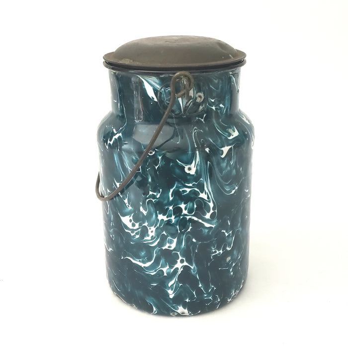 Antique Deep Green and White Swirl Graniteware Milk Cream Pail Lid & Bail Handle