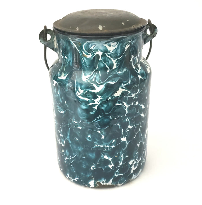 Antique Deep Green and White Swirl Graniteware Milk Cream Pail Lid & Bail Handle
