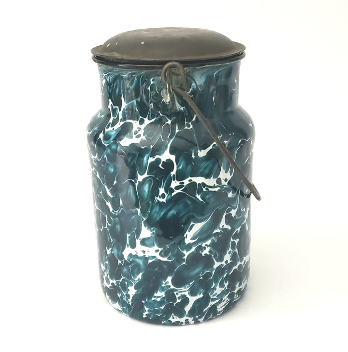 Antique Deep Green and White Swirl Graniteware Milk Cream Pail Lid & Bail Handle