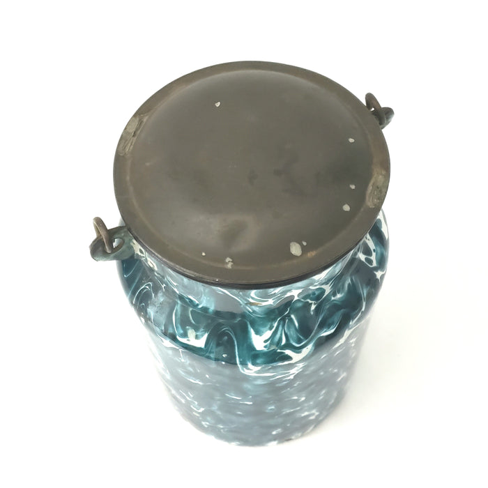 Antique Deep Green and White Swirl Graniteware Milk Cream Pail Lid & Bail Handle