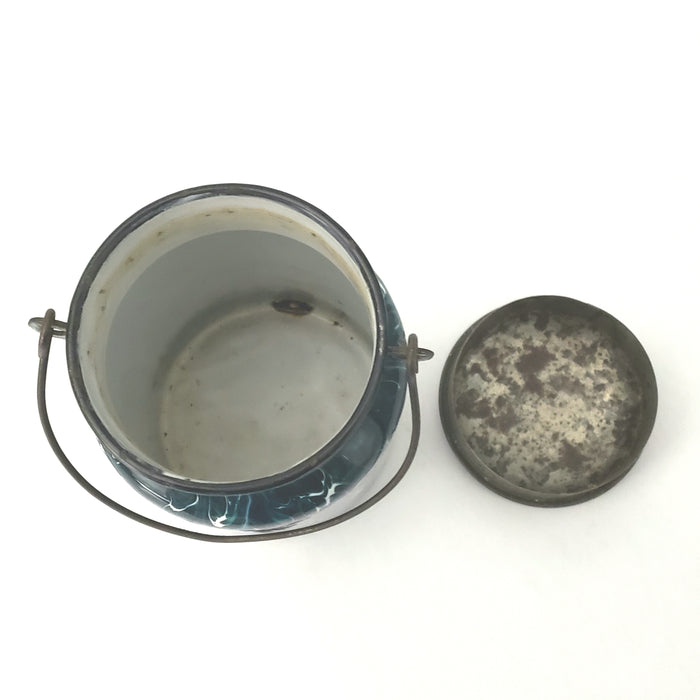 Antique Deep Green and White Swirl Graniteware Milk Cream Pail Lid & Bail Handle
