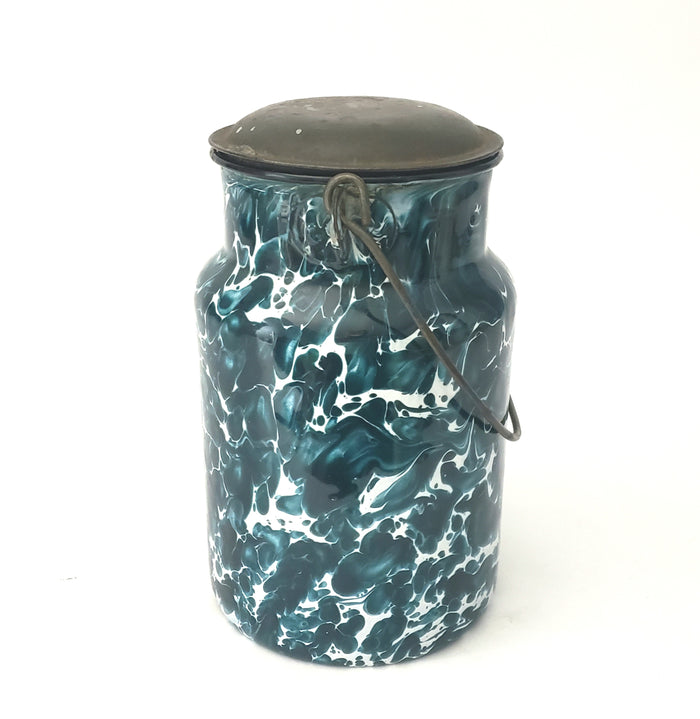 Antique Deep Green and White Swirl Graniteware Milk Cream Pail Lid & Bail Handle