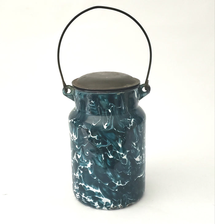 Antique Deep Green and White Swirl Graniteware Milk Cream Pail With Lid & Bail Handle