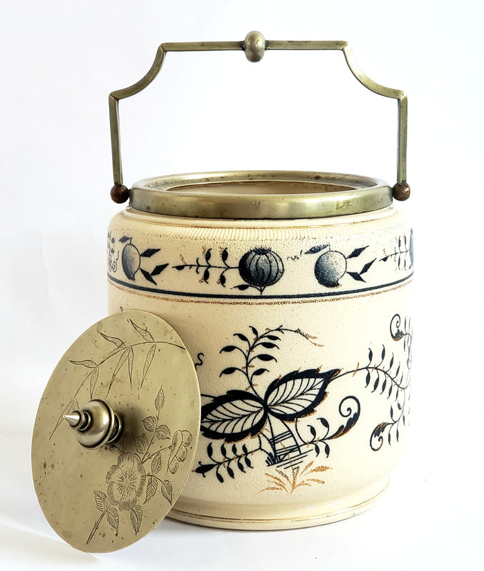 Antique English Biscuit Barrel Blue Floral on Ivory