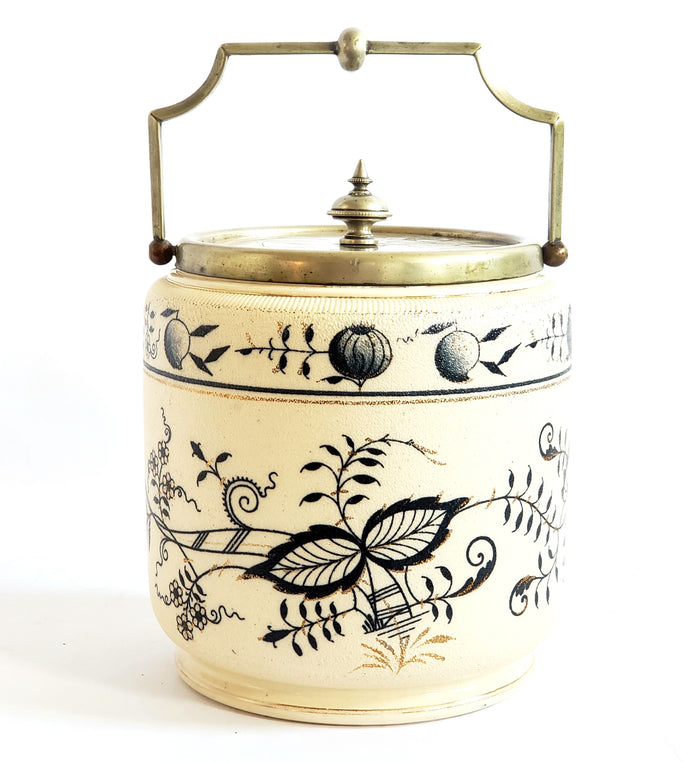 Antique English Biscuit Barrel Blue Floral on Ivory c. 1800's