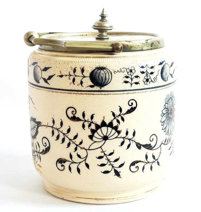 Antique English Biscuit Barrel Blue Floral on Ivory c. 1800's