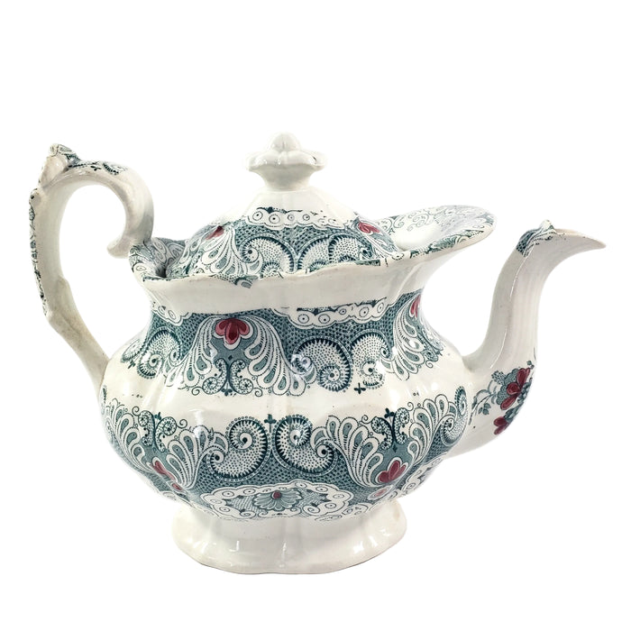 Antique English Green Transferware Teapot 4 Cups Staffordshire, England