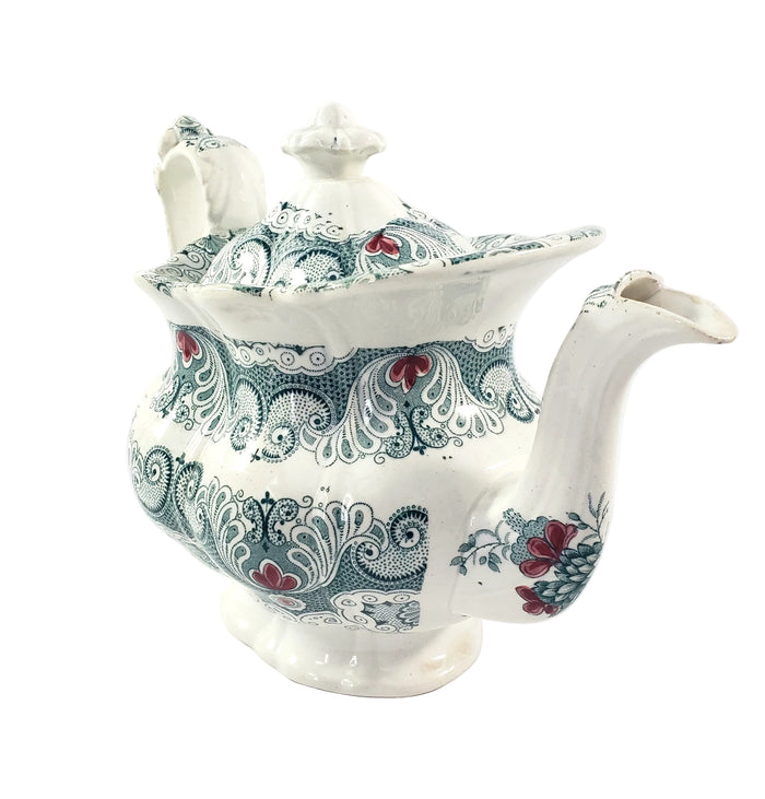 Antique English Green Transferware Teapot 4 Cups Staffordshire, England