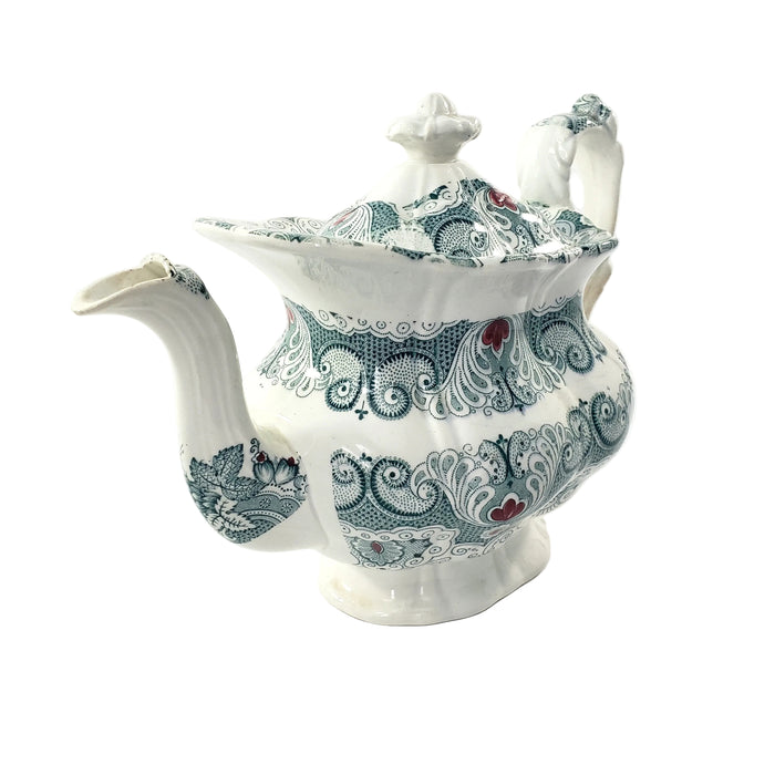Antique English Green Transferware Teapot 4 Cups Staffordshire, England