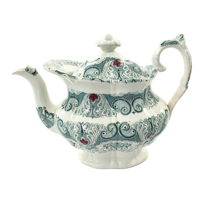 Antique English Green Transferware Teapot 4 Cups Staffordshire, England