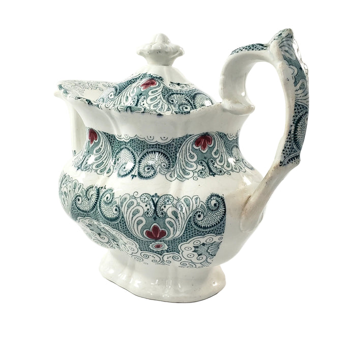 Antique English Green Transferware Teapot 4 Cups Staffordshire, England