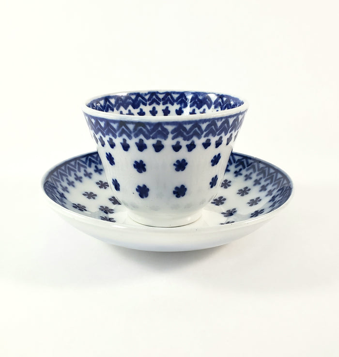 Antique Flow Blue  Handleless Cup & Saucer "Amish Snowflake" Staffordshire
