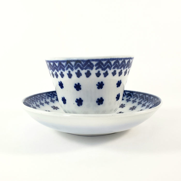 Antique Flow Blue  Handleless Cup & Saucer Amish Snowflake Staffordshire