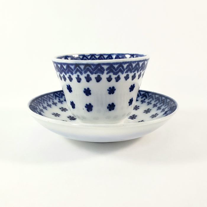 Antique Flow Blue  Handleless Cup & Saucer Amish Snowflake Staffordshire