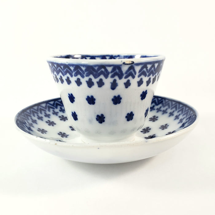 Antique Flow Blue  Handleless Cup & Saucer Amish Snowflake Staffordshire