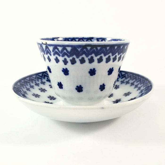 Antique Flow Blue  Handleless Cup & Saucer Amish Snowflake Staffordshire
