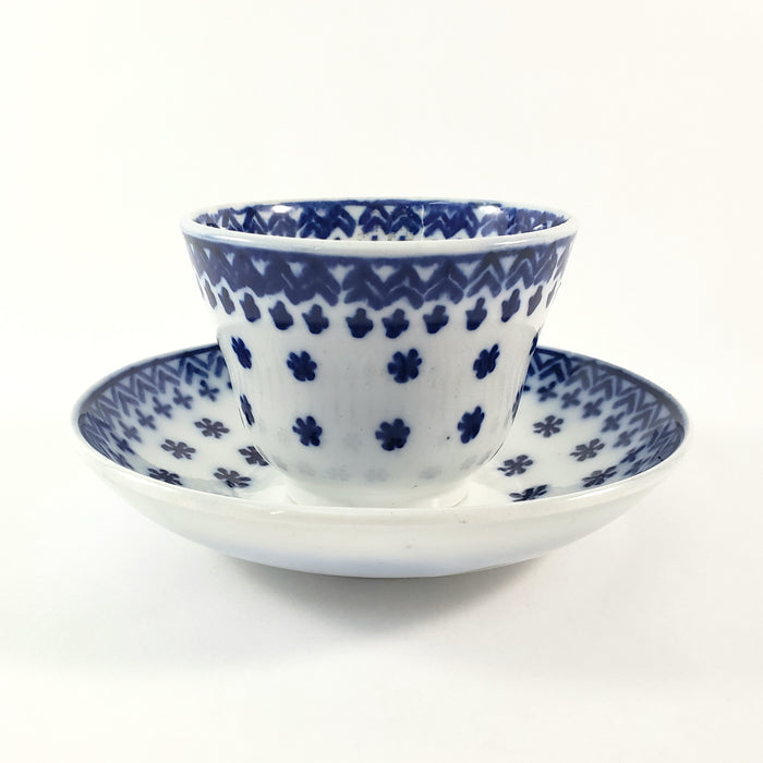 Antique Flow Blue  Handleless Cup & Saucer Amish Snowflake Staffordshire