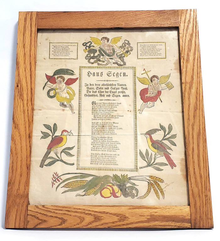 Antique Framed Pennsylvania German Fraktur, HAUS SEGEN - House of Blessing c. 1800's