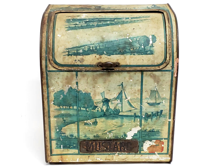 Antique General Store Counter Spice Mustard Bin w/ Litho Nautical Scene