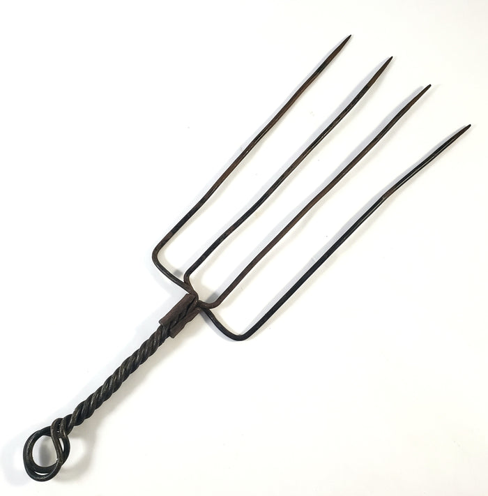 Antique Hand-Forged 4-Tine Hearth Fork Twisted Loop Handle Early Kitchen Tool