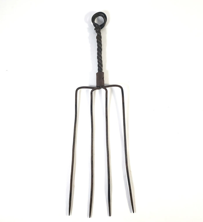 Antique Hand-Forged 4-Tine Hearth Fork Twisted Loop Handle Early Kitchen Tool