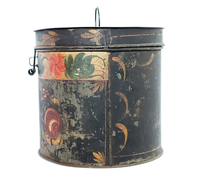 Antique Hand Painted Lidded Toleware Tin Canister 7 1/4"